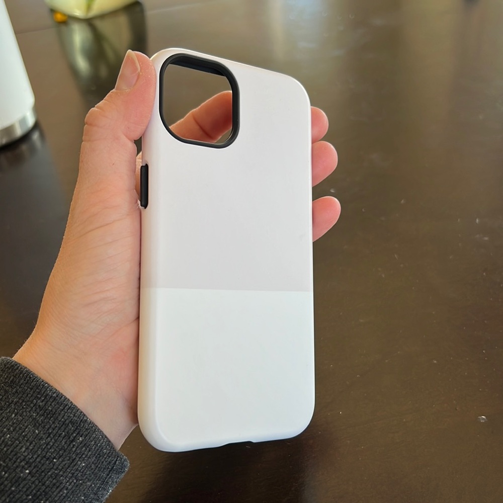 New never iPhone 13 tough, used SaffyDesign matte white and peach phone case.